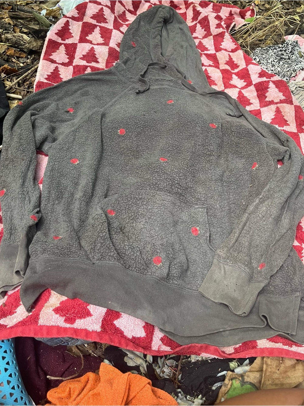 Woman’s Gray Hoodie Sweatshirt with Red Dot Accents